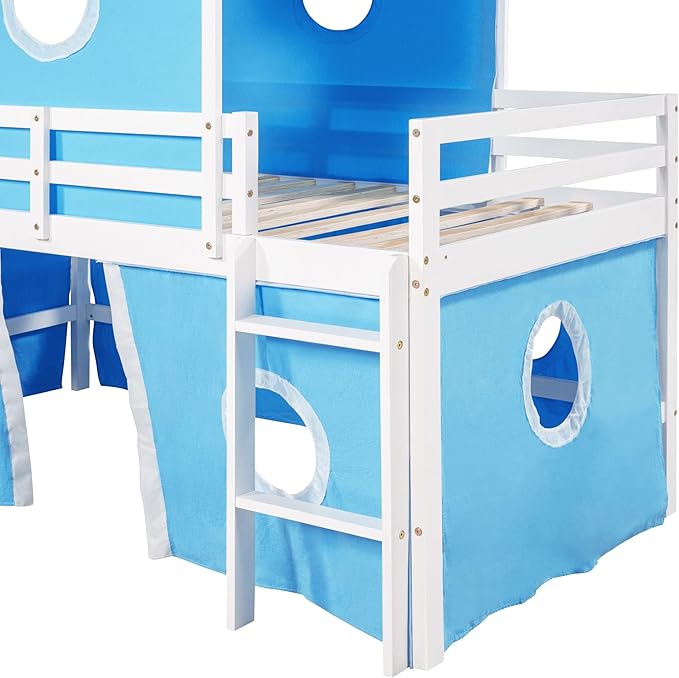 Playhouse Design Full Size Low Loft Bed with Slide & Tent and Tower, Solid Wood Tent Bed Frame for Kids Boys Girls, Versatile Spacious Under Bed Space with Curtains (Blue-TE)