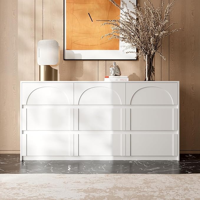 9 Drawer Dresser Chest of Drawers, Modern White Dresser for Bedroom, 63” Wide Drawer Chest, No Handles, Arch-Shape Pattern, 9 Drawer Cabinet, 13.8”D x 63”W x 31.5”H