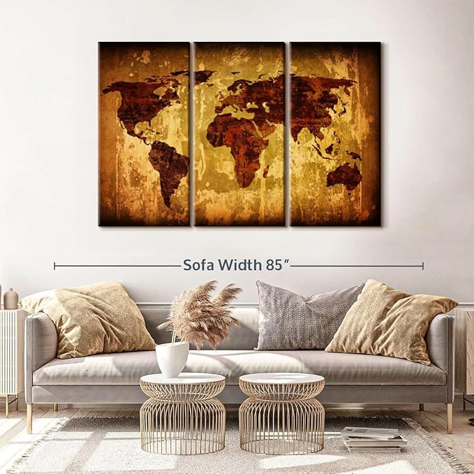 ElephantStock Vintage World Map Wall Art Multi Piece Canvas - 3 Piece Canvas World Map Wall Decor - Ready-to-Hang Print - Vintage Wall Art - 65" X 42"