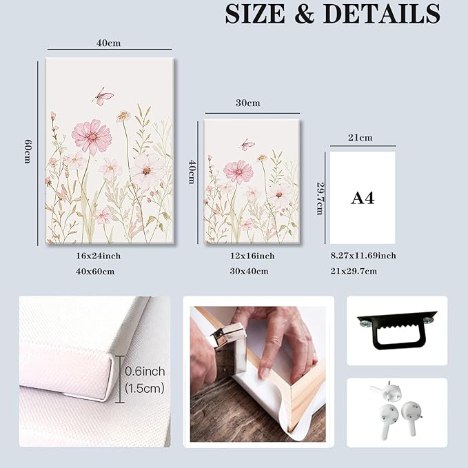 MTFBWY Floral Canvas Wall Art Flower Framed Art Prints Set of 3 Pink Wildflower Printing Botanical Nursery Pictures Wall Decor Artwork for Living Room Bedroom Bathroom 16x24in