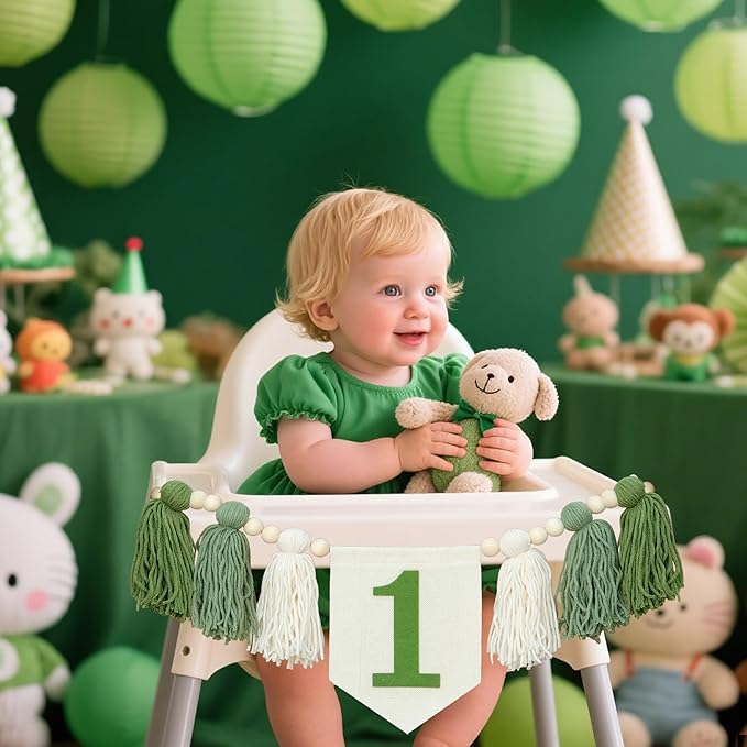 Green Wild One 1st Birthday High Chair Banner First Highchair Banner For Baby Boys Handmade Wall Hangings Boho Wood Bead Tassel Garland 1 Birthday Party Decorations Photoshoot Props Photo Props