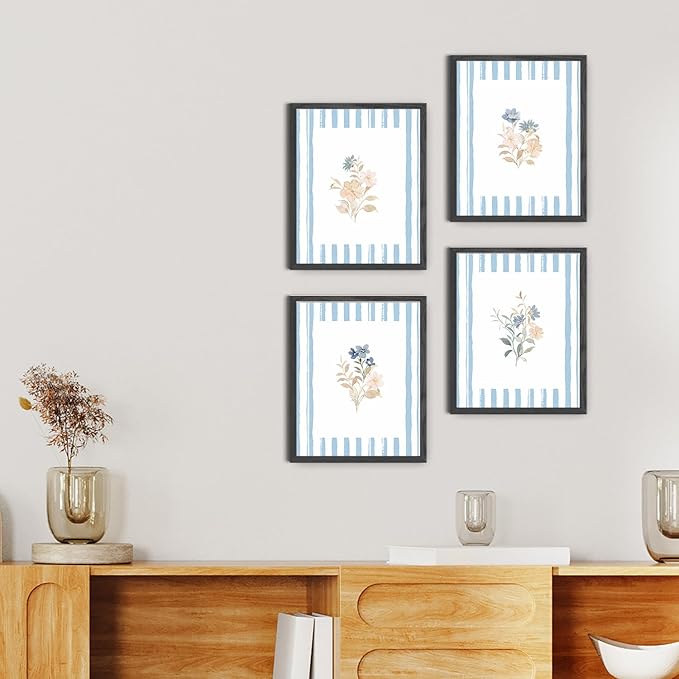 JINYO Elegant Blue Pink Floral Wall Art Prints Set of 4, Floral Room Decor, Rustic Cottagecore Blue and White Striped Flower Posters Pictures Wall Decor for Home Bedroom, 8x10 Unframed