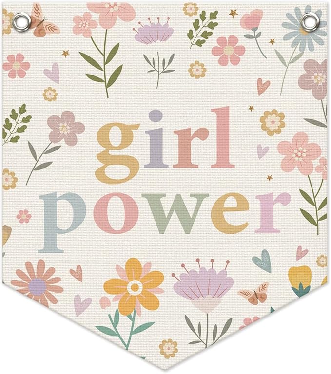 Girls Room Decor – Girl Power Linen Pennant, Floral Canvas Triangle Banner Flag, Wildflower Wall Hanging Decor for Toddler & Baby Girl Nursery, 14.5x12.6 in