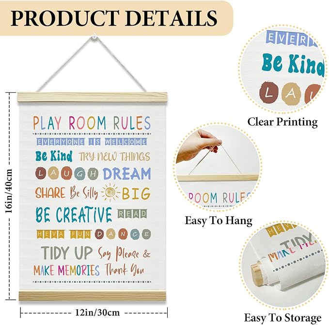 Nopoben Playroom Rules Poster Hanger Frame, Playroom Wall Art With Wooden Poster Hanger, Play Room Wall Decor, Kids Room Nursery Bedroom Classroom Decor(12x16 Inches)-21