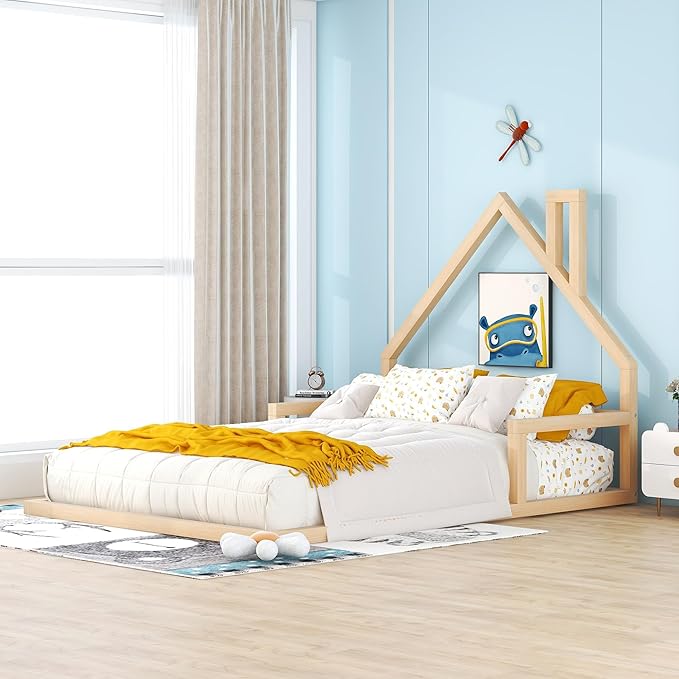 Full Size Wood Floor Bed with House-shaped Headboard and a Chimney,Bedroom Simple Modern Bed Frame W/ Playful Design & No Box Spring Required,for Kids Teens Girls Boys,Natural
