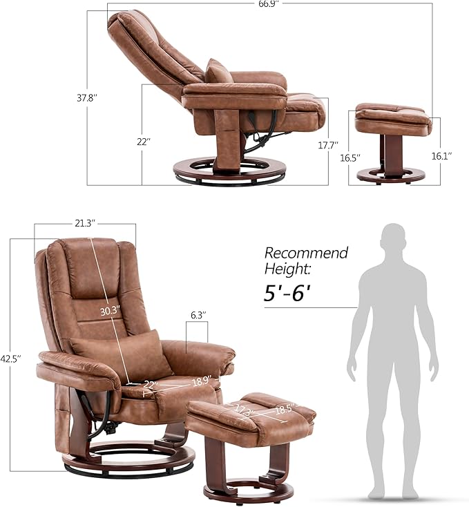 MCombo Swivel Recliner with Ottoman Chair, TV Chair Sets with Vibration Massage, for Small Space Living Room Bedroom 9096 9099 (Faux Leather, Saddle)
