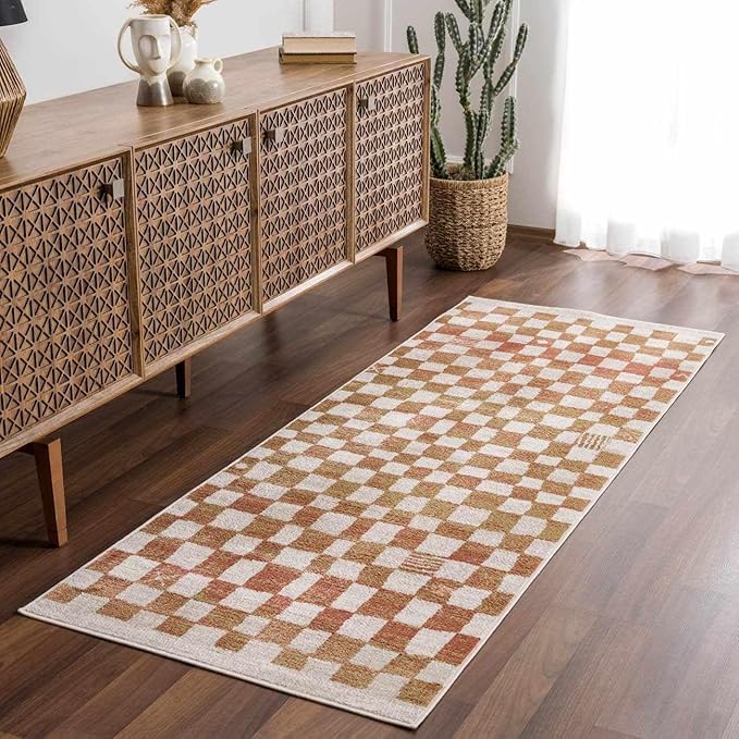 Hauteloom Pertek Modern Checkered Area Rug - Modern Geometric Carpet for Living Room, Kids Room, Nursery - Bohemian Boho Carpet - Cream, Beige, Light Red, Somon - 6'7" x 9'