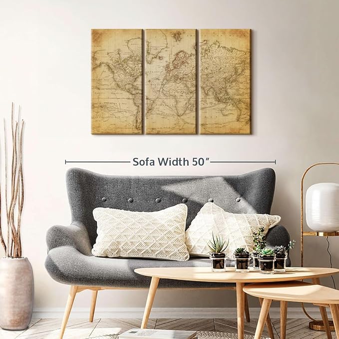 ElephantStock Old Century World Map Wall Art Multi Piece Canvas - 3 Piece Canvas World Map Wall Decor - Ready-to-Hang Print - Vintage Wall Art - 38" X 24"