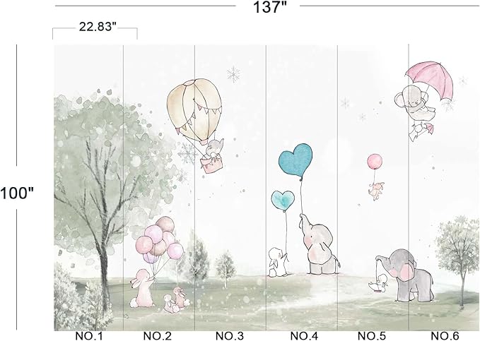 Cartoon Elephant Rabbit Balloon Nursery Wall Mural Wallpaper 137" x 100"