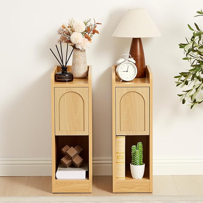 Narrow Nightstands Set of 2, Slim Bedside Tables with Raised Edge Top, Arched Drawer & Open Shelf, Modern Wooden Small End Tables for Bedroom Small Spaces (2, Natural)