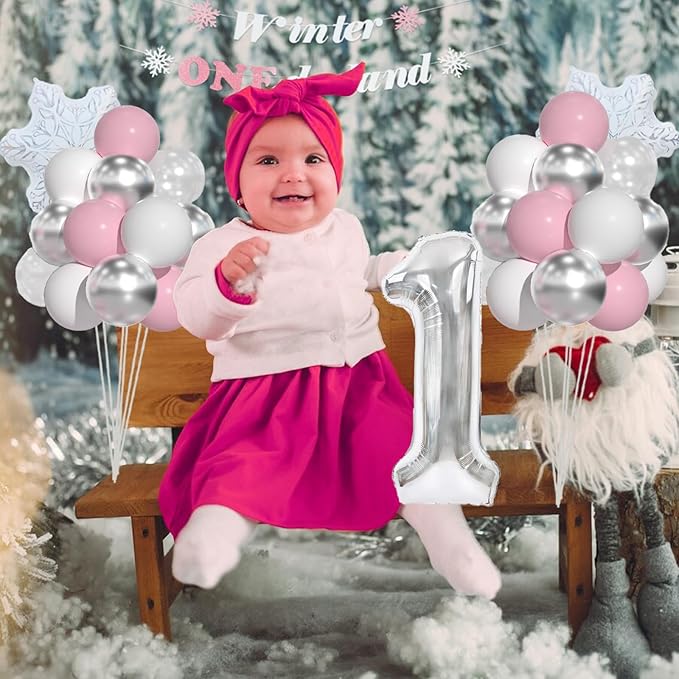 First Birthday Decorations For Girl-Girl Winter Onederland 1st Birthday, Pink White Snowflake Balloons, 40 Inch Silver 1 Balloon And Winter Onederland Banner For Baby Girl 1st BD Decorations