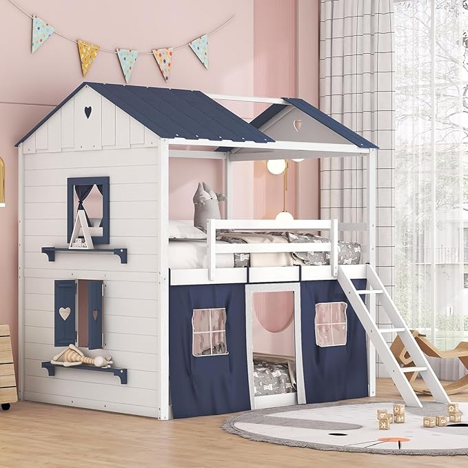 MERITLINE Full Over Full Princess Castle Bunk Bed with Tent,Ladders and Guardrail, Solid Wood Playhouse House Floor Bunk Bed with Windows and Roof (Full,Blue & White)