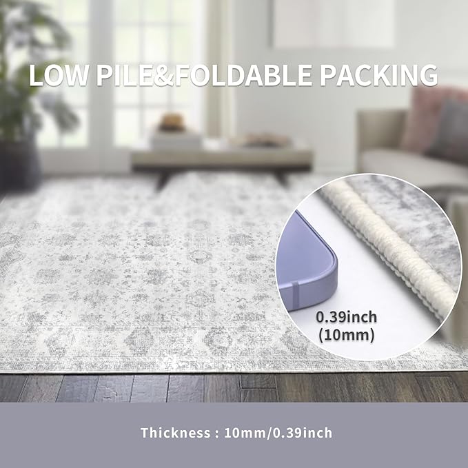 Washable 10×12 Area Rugs for Living Room, Vintage Floral Rug Soft Non Slip Stain Resistant Boho Carpet for Bedroom Dinning Room Kitchen Home Office Grey