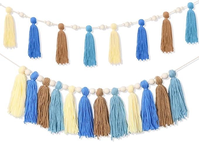 2 Pcs Tassel Garland with Wood Beads, Handmade Cotton Yarn Wall Hanging Banner Boho Tassel Wall Hanging Party Decor for Nursery, Birthday Baby Shower Home Classroom Decoration(Pastel)