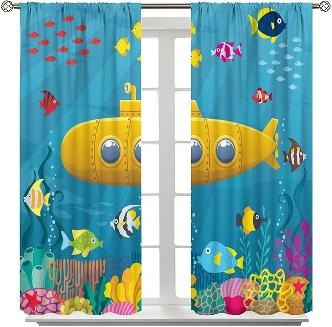 Boy Window Curtains Submarine Window Drapes Yacht Window Treatments Underwater World Oasis Thermal Drapes for Kids Girls Toddler Teens Room Dorm Decor Set 2 Panels,55x63 Inches, Style-1