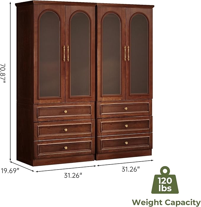 Solid Wood Wardrobe Closet:TemkTuek 70.87" Large Armoire,Clothing Storage Cabinet with Drawers,Mirror,Doors,Hanging Railsand Shelves,Vintage Freestanding,Bedroom,Cherry Finish(21-21)
