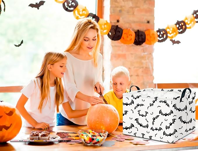 CLOCOR Rectangular Gift Basket Empty for Halloween, Waterproof Storage Basket with Handles, Books Box, Room Decor(Black Bat)