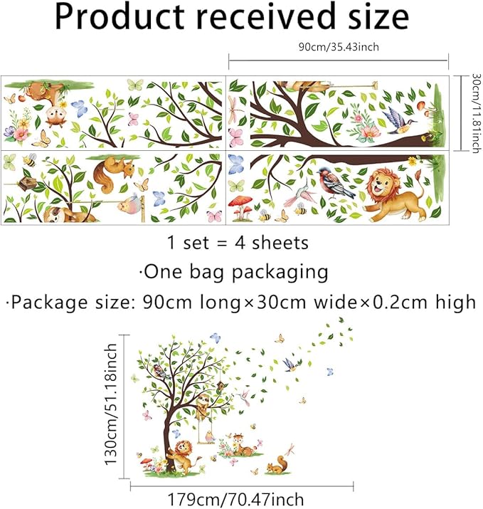 Woodland Animals Large Tree Wall Decals, Lion Sloth Deer with Birds Butterflies Wall Decals for Nursery Room Kids Bedroom Toddler Room Decor, 70.47x51.18 inches,