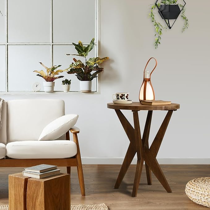 Farmhouse Round End Table with MDF Top and Crossed Legs, Boho Side Table Mid Century Modern Small Accent Table for Small Space Stable Nightstand for Living Room, Natural Wood