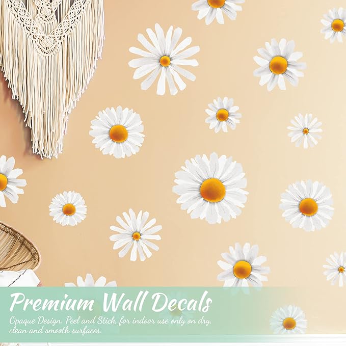 Big White Daisy Wall Decals Decor for Baby Nursery Toddler Girls Bedroom, Vinyl Floral Wall Stickers Peel and Stick, Boho Daisy Flower Wall Art Decor for Living Room Closet Cabinet