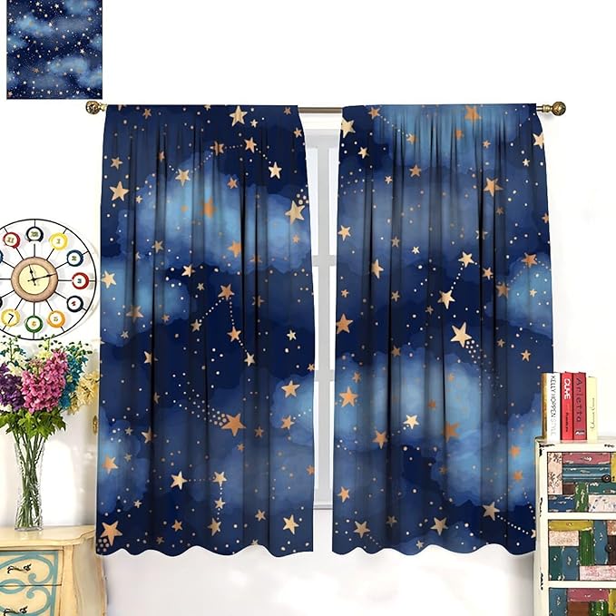 Starry Sky Blackout Curtains, Starry Scenery Blue Night Sky Stars Window Drapes for Kids Boys Girls Bedroom Living Room 63" W X 72" L