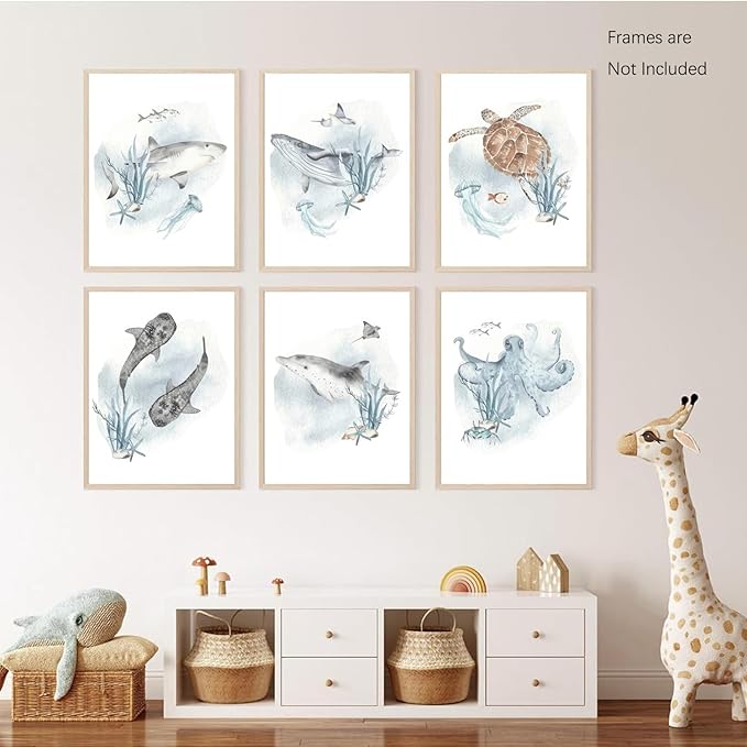 Wodkwq Nursery Wall Art Sea Animal Canvas Prints Baby Girl Boy Room Decor Watercolor Paintings Pictures Cute Ocean Theme Toddler Room Decoration Set of 6 for Kids Bedroom Bathroom 12x16in Unframed