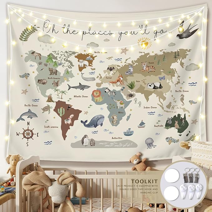 LIANGW Boho Kids World Map Tapestry Wall Hanging, Animal Continents Wildlife Educational Geography Learning Wall Blanket Decor for Classroom Toddler Kids Room Nursery Playroom, 50x60 Inch