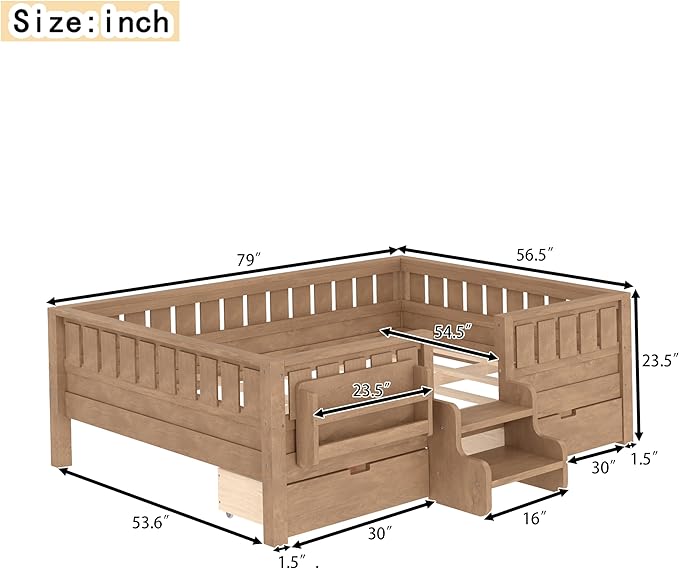 Bellemave Full Size Bed with Slats and Stairs, Full Size Platform Bed Frame with Fence, Bookshelf and Storage Drawers, Easy Assemble Beds for Kids, Girls, Boys, Natural