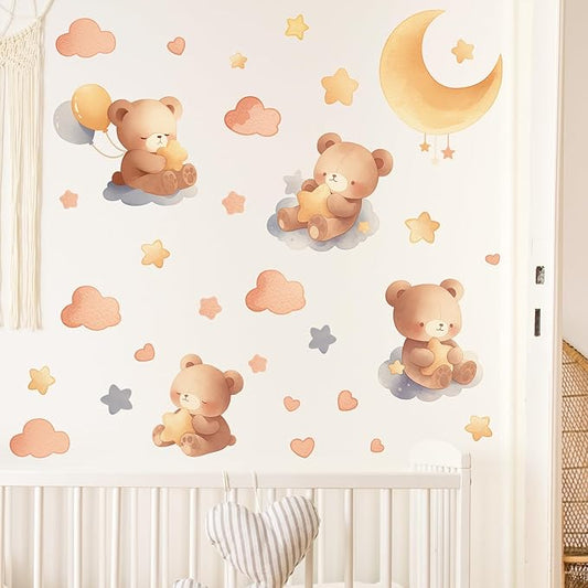 Cartoon Bear Moon Star Cloud Balloon Wall Decals Nursery Preschool Wall Stickers for Kid Baby Removable Peel and Stick DIY Wall Art Decor Decoration for Living Room Bedroom Playing Room