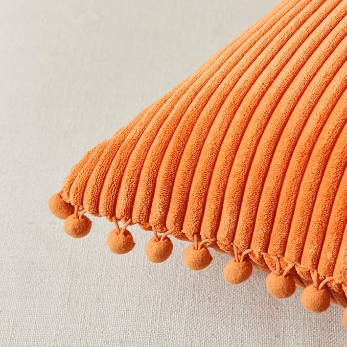 Fancy Homi Pack of 2 Fall Lumbar Decorative Throw Pillow Covers with Pom-poms, Soft Corduroy Solid Rectangle Cushion Cases for Couch Sofa Bed Living Room, Fall Home Decor (14x24 Inch/35x60 cm, Orange)