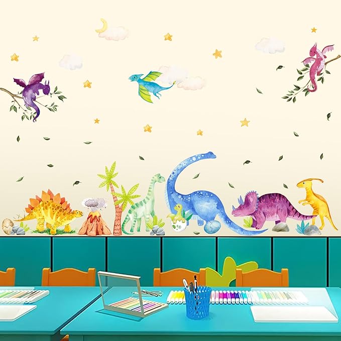 Watercolor Dinosaur Wall Decals, Cartoon Cute Dino Volcanic Wall Stickers, Peel and Stick Star Cloud Wallpaper for Baby Nursery Boys Bedroom Playroom Wall Decor