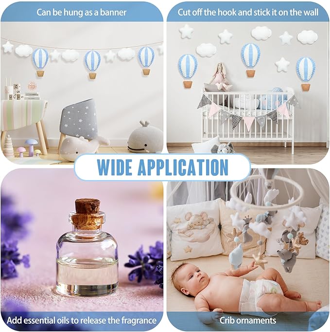 Poen 10 Pcs Star Hot Air Balloon and Cloud Nursery Decor Western Wall Decor for Bedroom Mini Felt Clouds Stars Hot Air Balloon Nursery Felt Wall for Kids Baby Bedroom(Blue)