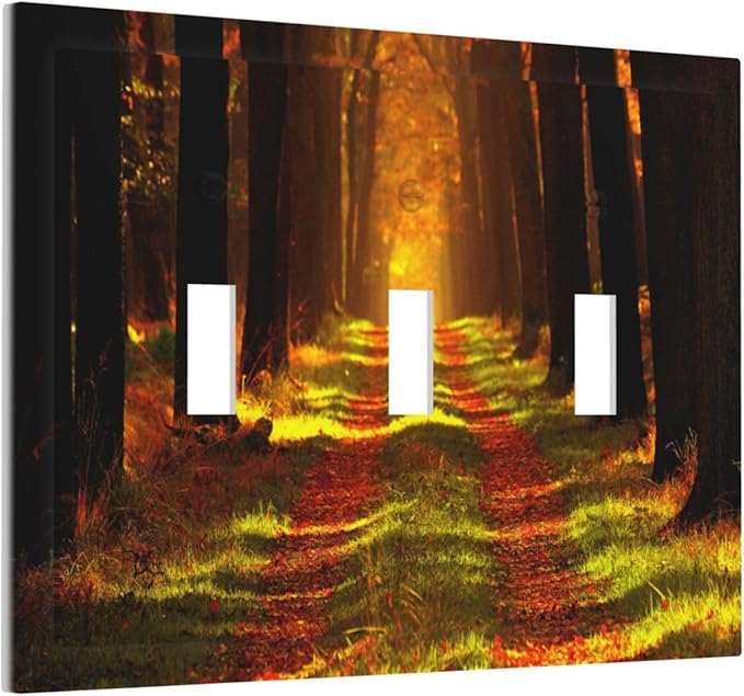 Rustic Nature Tree Autumn Maple Leaf Triple Toggle Light Switch Cover 3 Gang Wall Plate Decorative Gold Fall Leaves Woodland Park Foliage Tree Electrical Facplate for Bathroom Kitchen Home 6.7" x 4.8"
