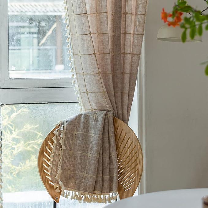 Deeprove Boho Curtains 84 Inches Long for Bedroom, Cotton Linen Light Brown Plaids Embroidery Semi Blackout Bohemian Aesthetic Window Treatment Grids Drape Tassels, 1 Panel W52 x L84 Tan