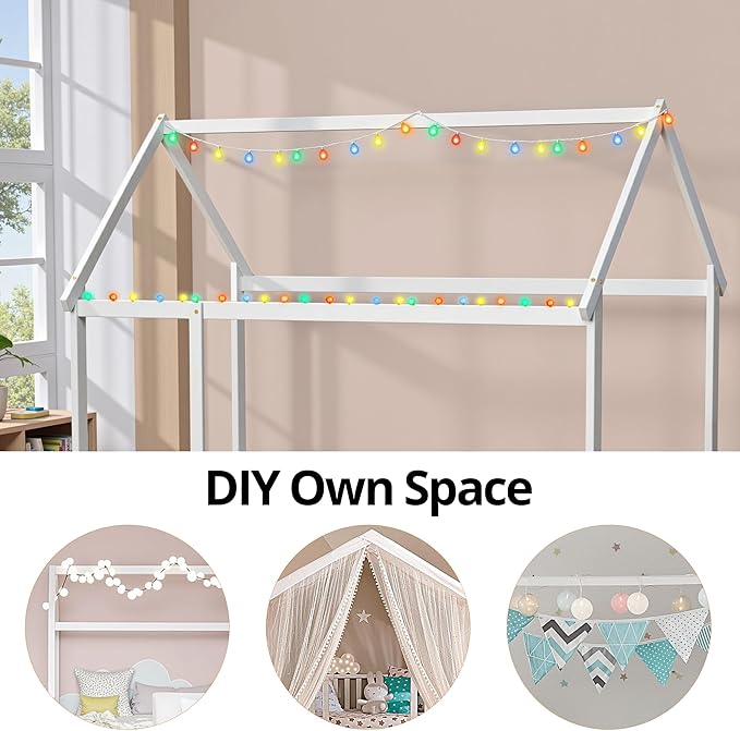 LLS Twin Floor Bed Frame with Fence, Wooden Montessori Bed, House Bed for Boys Girls Bedroom, White