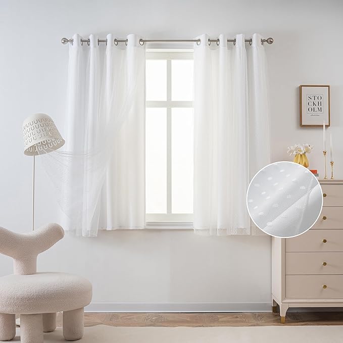 MYSKY HOME White Curtains for Girls Bedroom & Nursery Kids Cute Curtains 72 inch Long Double Layer with Polka Dots Sheer, Grommet Tops, 52" Wide Each Panel, 2 Panels