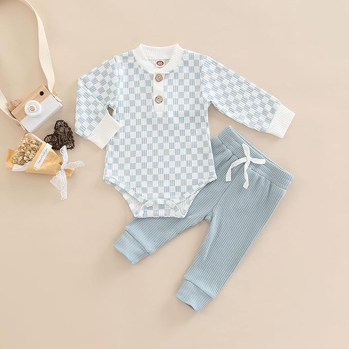 Newborn Baby Boy Girl Clothes Ribbed Knitted Cotton Long Sleeve Romper Long Pants Solid Color Fall Winter Outfits