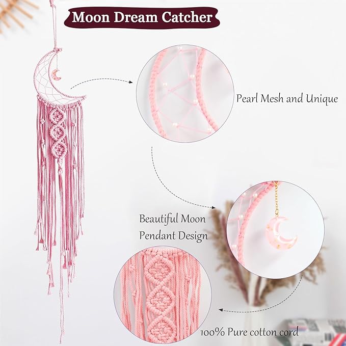 Moon Star Dream Catcher Decor,2pcs Boho Home Moon Star Dreamcatcher,Macrame Wall Hanging Boho Home Decor for Kids Baby Bedroom Decoration for Women Girls Craft Pink