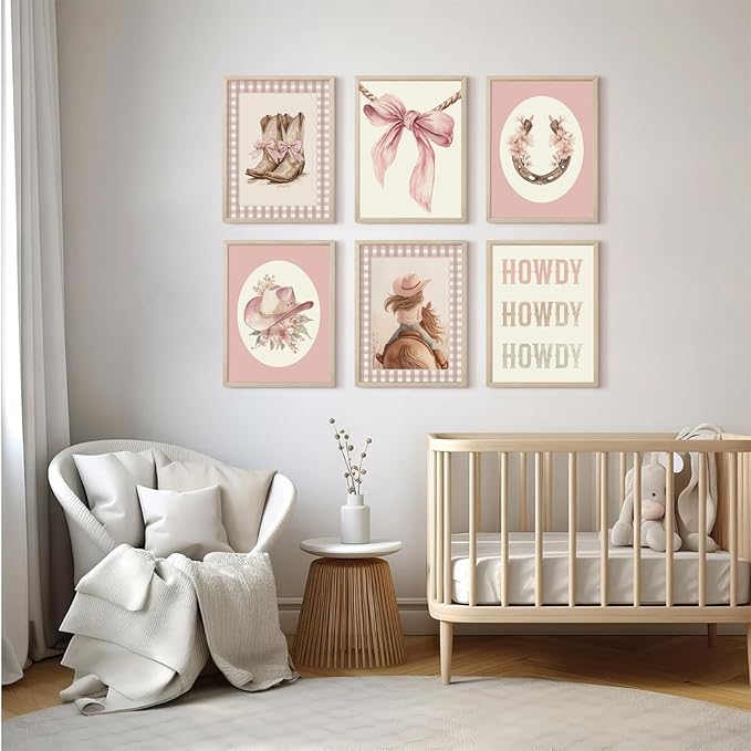 Western Cowgirl Nursery Wall Art Decor Vintage Girl Room Canvas Poster Pink Coquette Nursery Art Prints Preppy Aesthetic Pictures Bow Floral Boots Artwork for Girls Bedroom 8x10 Inch Framed 6Pcs