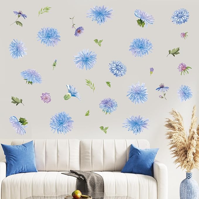 Daisy Flowers Wall Decals, 32 Pcs Blue Floral Leaves Wall Stickers, Bedroom Living Room Girls Nursery Room Wall Art Decor