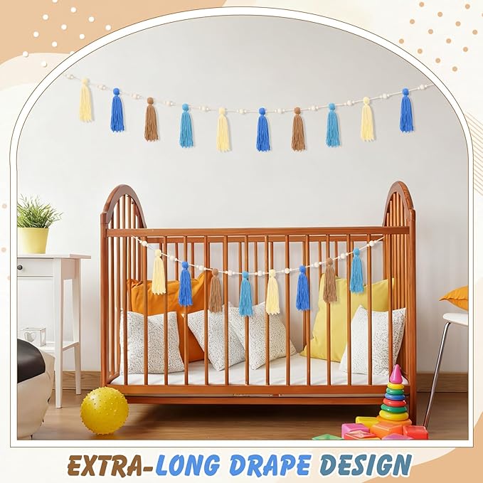 2 Pcs Tassel Garland with Wood Beads, Handmade Cotton Yarn Wall Hanging Banner Boho Tassel Wall Hanging Party Decor for Nursery, Birthday Baby Shower Home Classroom Decoration(Pastel)