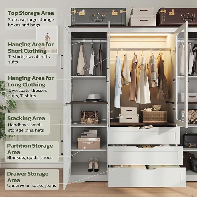 Concho 73'' Tall Farmhouse Armoire Wardrobe Closet with LED Light, Wood Wardrobe Closet Collection with 6 Doors 3 Drawers, Clothing Storage Cabinet with 8 Adjustable Shelves, Antique White