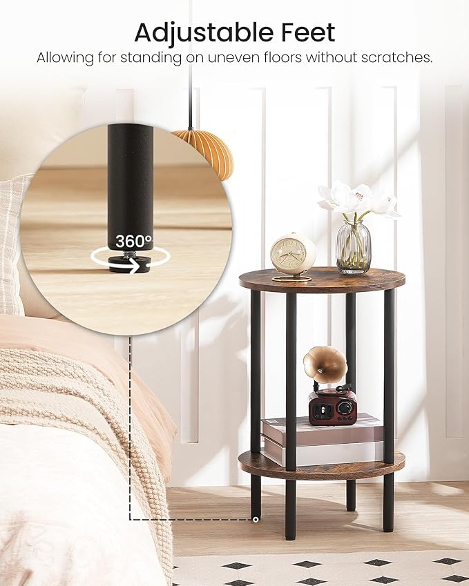 Side Table Set of 2, 2-Tier Round End Table, Small Nightstand with Sturdy Metal Tube, Industrial Coffee Table, for Living Room, Bedroom, Rustic Brown and Black TBZ01P2BF