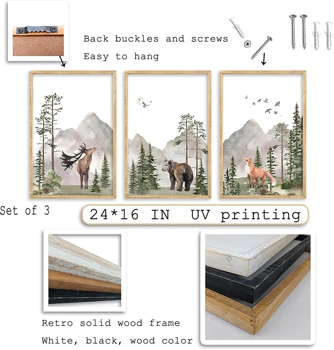 Set Of 3 Wild Woodland Nursery Animals Wall Art Decor 16x24 Inch Nursery Foggy Forest Deer Bear Fox Posters Wood Framed Sign Modren Children's Boys Girls Room Watercolor Prints Hang (Wood)
