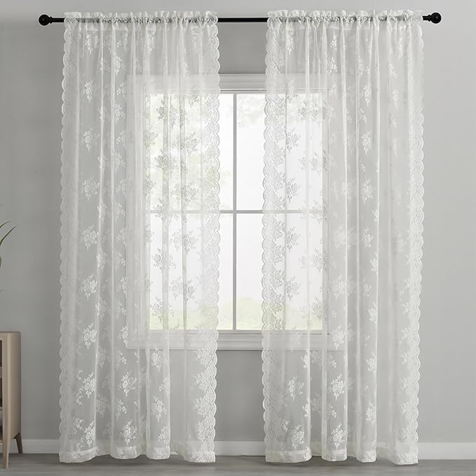 Kotile Ivory Lace Curtains 102 Inches Long for Living Room, 2 Panels Country Rustic Floral Vintage Sheer Lace Curtains, Rod Pocket Light Filtering Privacy Farmhouse Window Curtain Drapes, 52x102 Inch