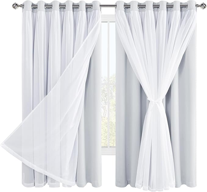 Hiasan Greyish White Blackout Curtains with Sheer Overlay, Grommet Thermal Insulated Mix & Match Double Layer Window Curtains for Girls Bedroom, Living Room, 2 Panels Sewn with Tiebacks, 70W X 63L