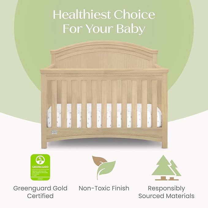 Delta Children Simmons Kids SlumberTime Emma 4-in-1 Convertible Baby Crib N More - Greenguard Gold Certified, Natural Sandstone