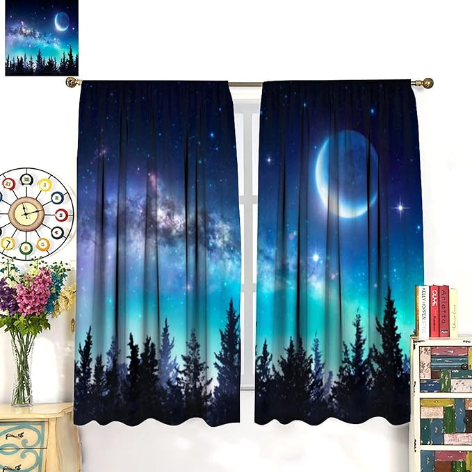 Galaxy Forest Blackout Curtains, Night Starry Sky Stars Moon Aurora Borealis Window Drapes for Bedroom Living Room Home 55" W X 63" L