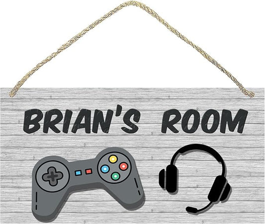 Personalized Name's Gray controller & headset gaming decor Nursery Kid's Children's Girls Bedroom Door Sign Wood Plaque Sign Wall Decor Gift