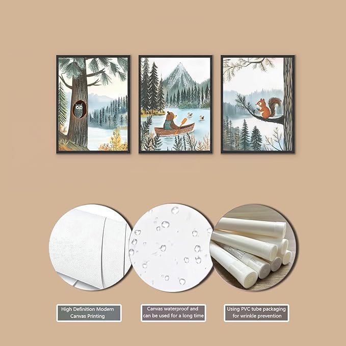 3 pcs Woodland Animal Nursery Wall Art Whimsical Kids wall decoration pictures Bear Owl Squirrel Illustrations Posters Prints for Playroom Toddler Bedroom Home Decor Unframed (16x24in poster)